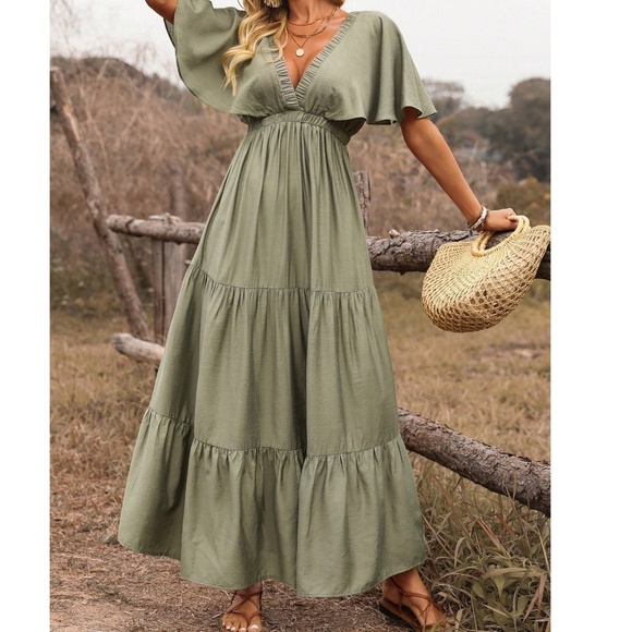 Boho Solid Deep V neck Butterfly Sleeve Ruffle Hem Maxi Dress - Picture 3 of 9
